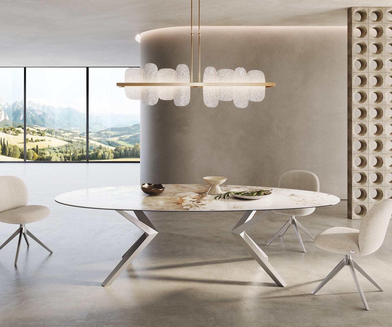 Esstisch Edge Oval 280x130 Keramik Minas Melange Weiß-Beige Zenthara kantig Edelstahl