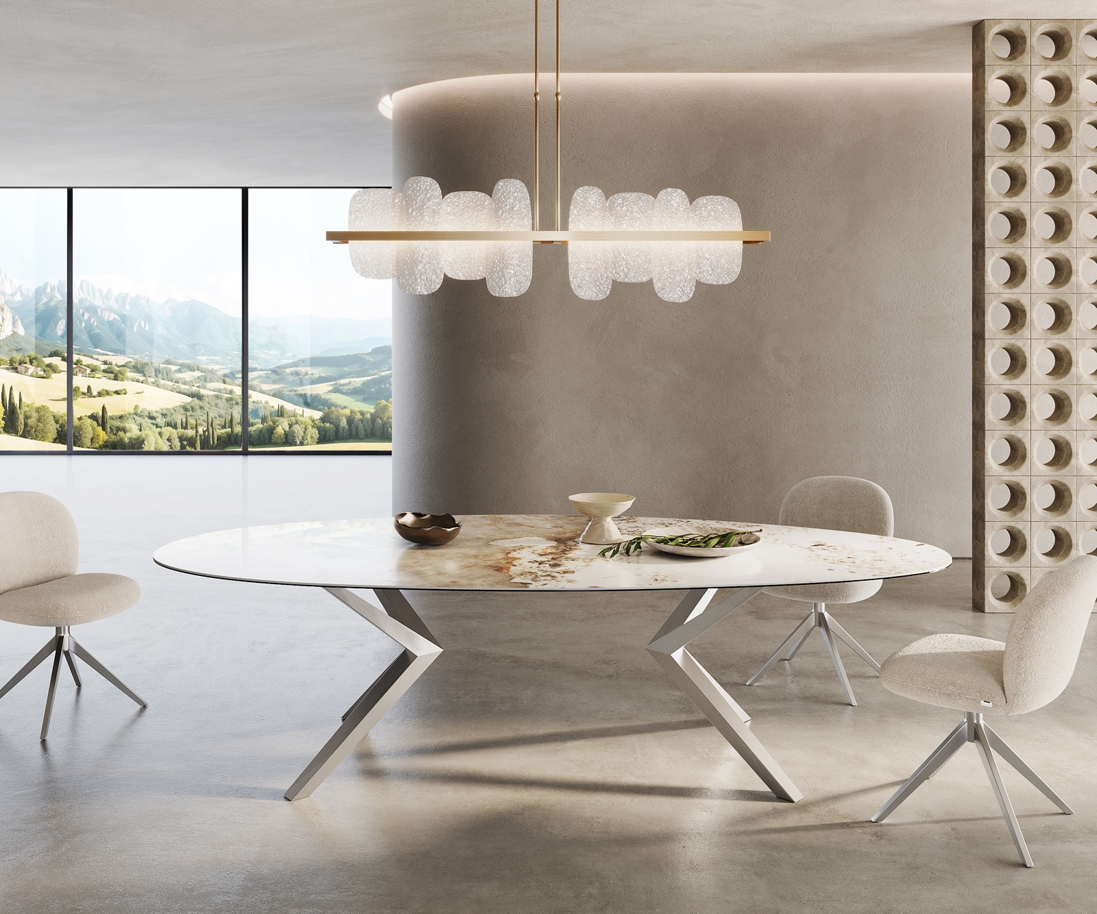 Esstisch Edge Oval 280x130 Keramik Minas Melange Weiß-Beige Zenthara kantig günstig online kaufen