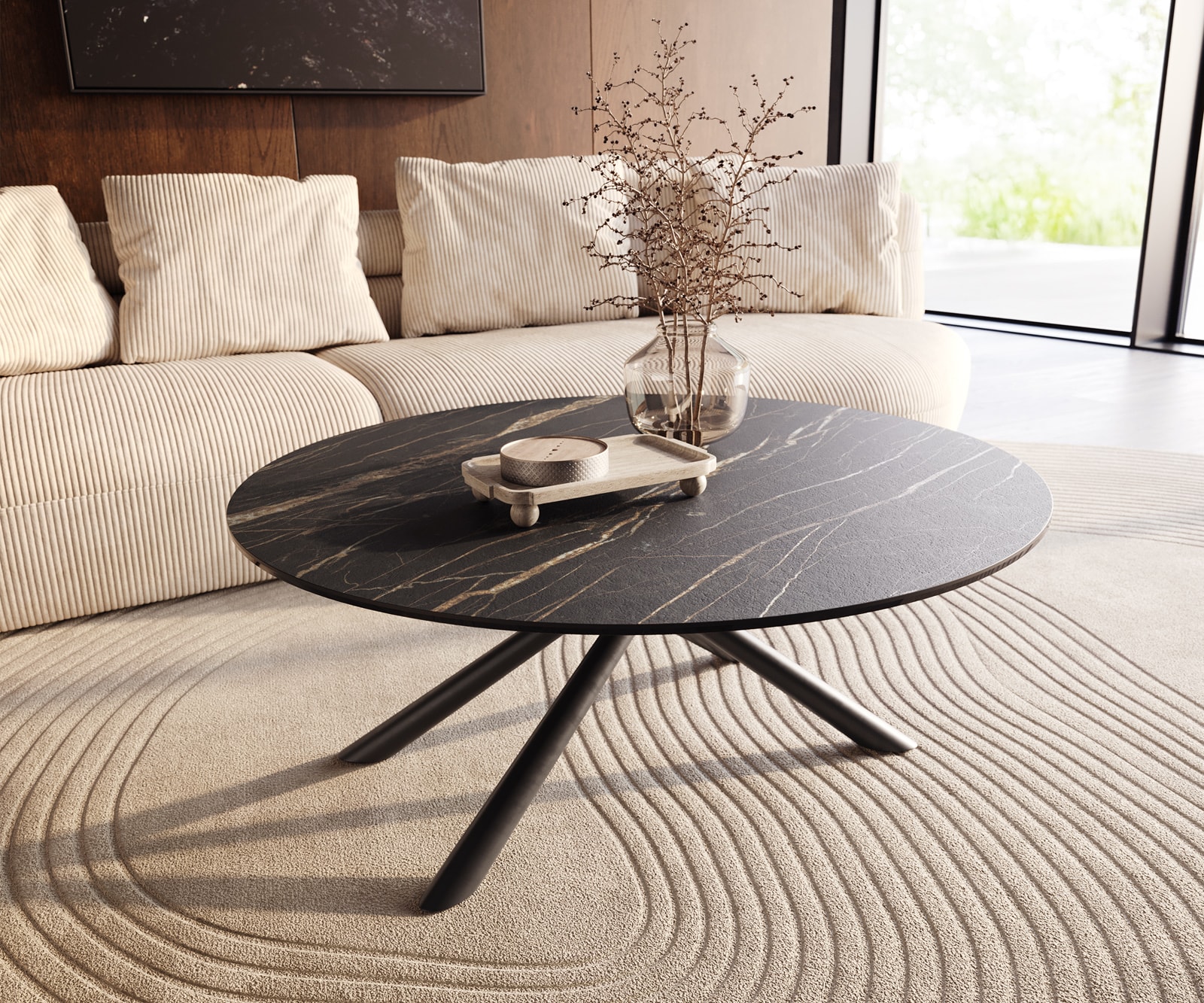 Couchtisch Edge Rund 100x100 cm Keramik Laminam® Noir Desir Braun Sarity Metall Schwarz