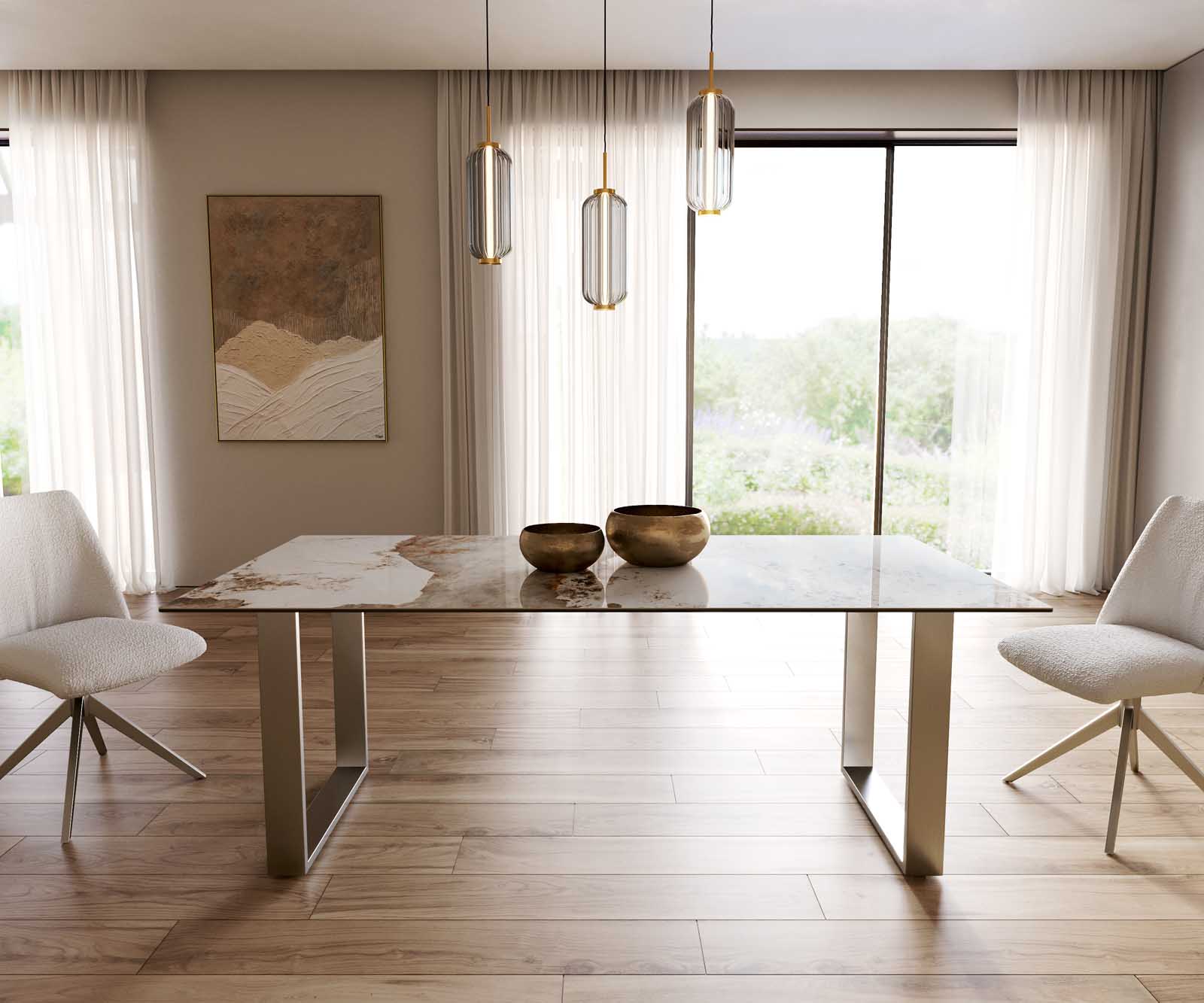 Esstisch Edge 200x100 Keramik Minas Melange Weiß-Beige Edelstahl Schmal 1
