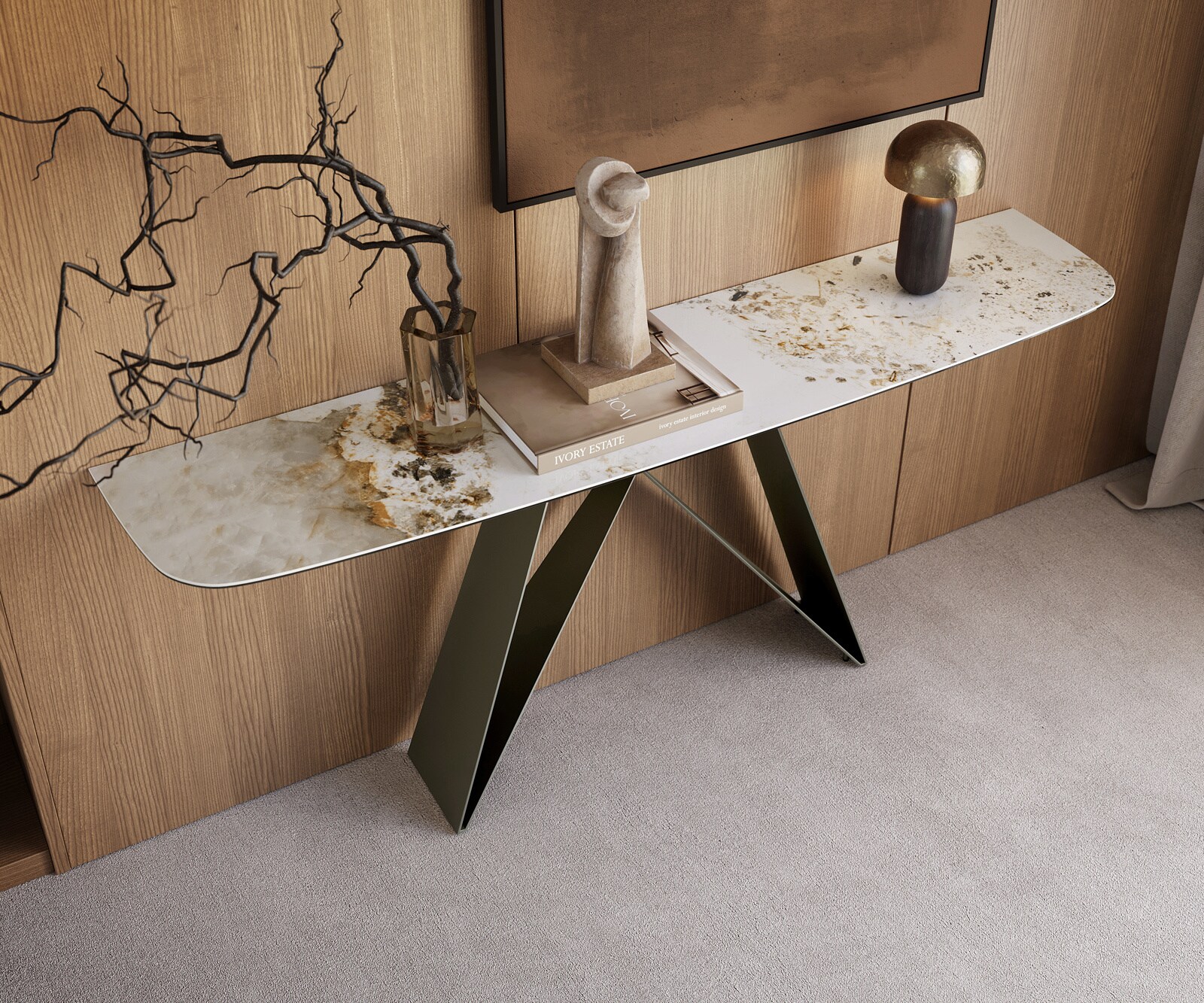 Konsolentisch Edge Boot 180x40 cm Keramik Minas Melange Weiß-Beige Velio Metall Effektfinish Titan 1