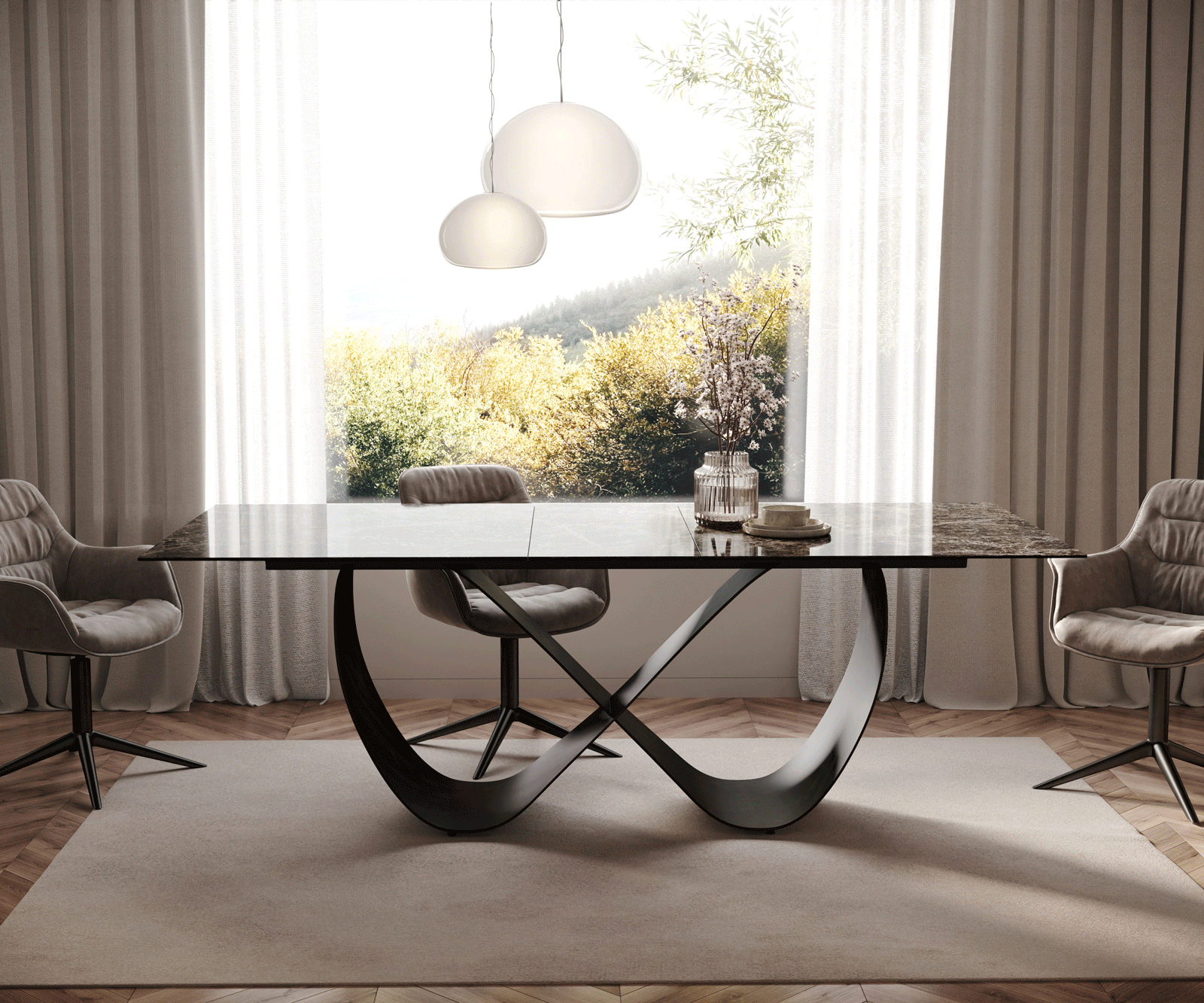 Esstisch Edge 180-220x100 Keramik Laminam® Emperador Extra Lucidato Dunkelbraun Infinity Metall Schwarz ausziehbar 1