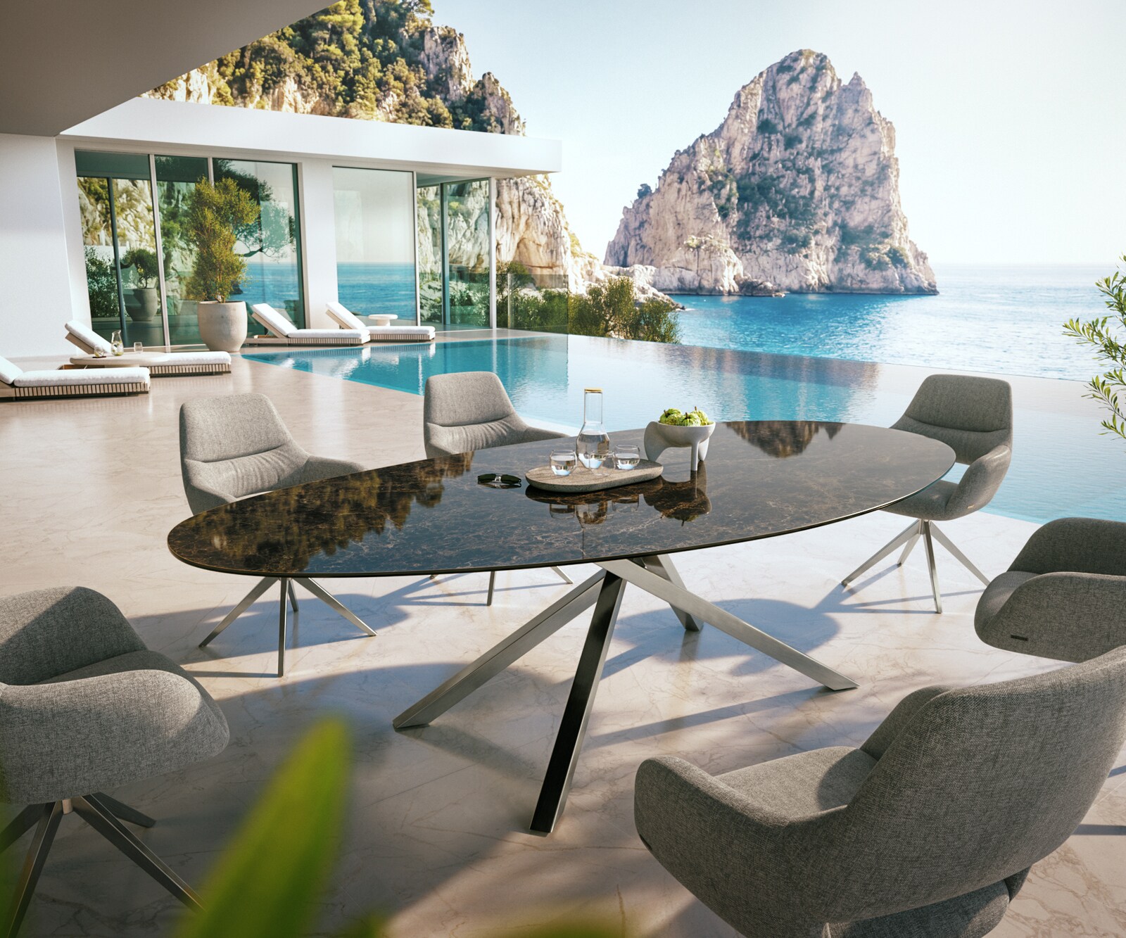 Outdoortisch Edge Oval 280x130 cm Keramik Laminam® Emperador Extra Lucidato Dunkelbraun Kreuzgestell Rechteck Edelstahl 3