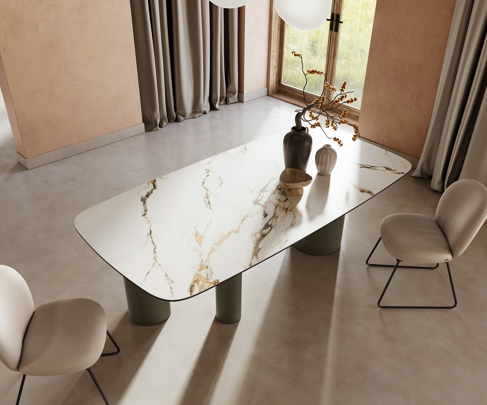 Esstisch Edge Boot 240x120cm Keramik Calacatta Luxe Weiß-Gold-Grau Troa Metall Effektfinish Titan 4