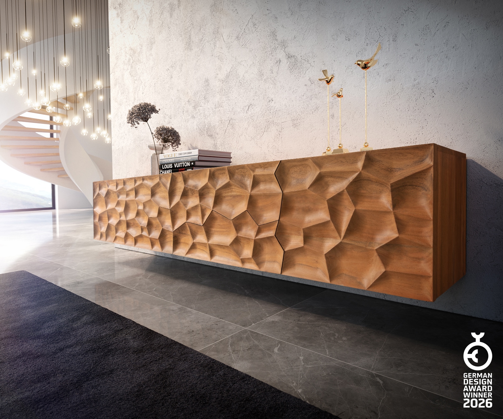 Lowboard Solu 220 cm Akazie Natur 2 Türen 4 Schübe schwebend 3D-Front