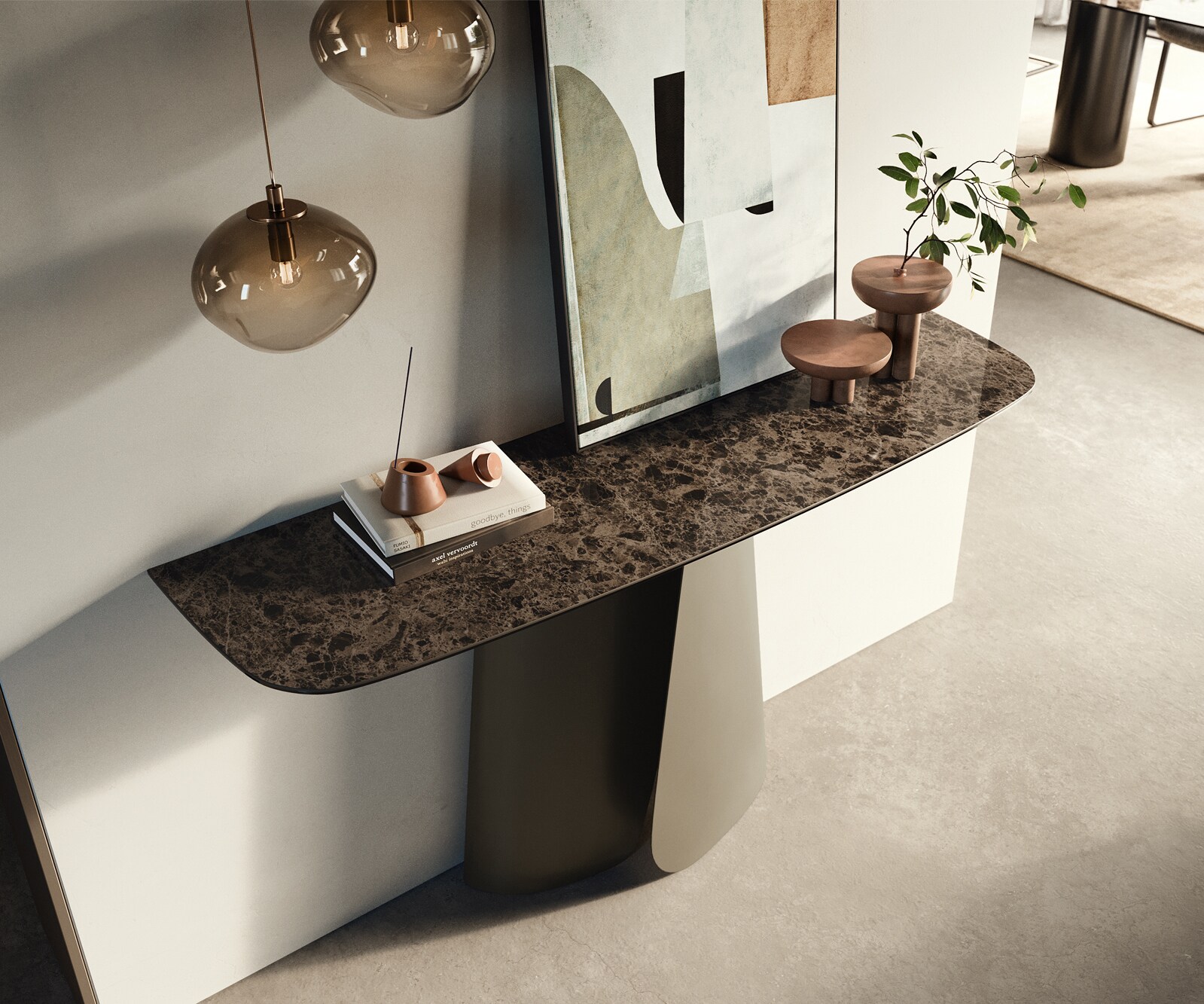 Konsolentisch Edge Boot 140x40 cm Keramik Emperador Extra Lucidato Dunkelbraun Livos Metall Effektfinish Titan 1