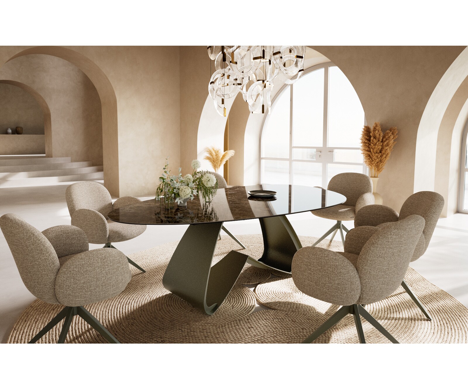 Esstisch Edge Oval 220x120 Keramik Laminam® Emperador Extra Lucidato Dunkelbraun W-Gestell Metall Effektfinish Titan 6