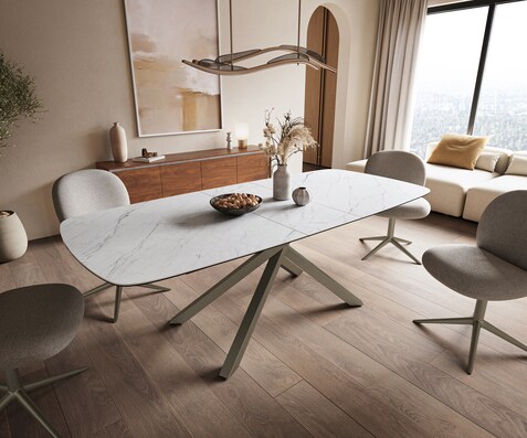 Esstisch Edge Boot 180-220x100 cm Keramik Laminam® Statuarietto Weiß Kreuzgestell Rechteck Effektfinish Titan ausziehbar