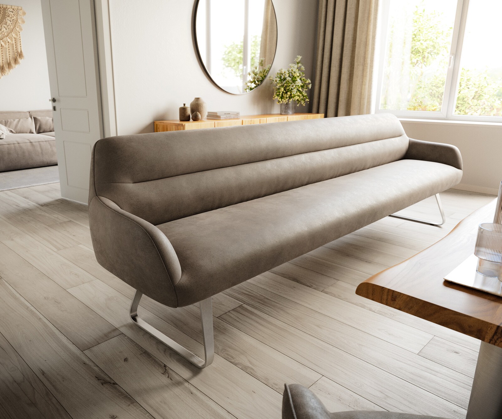 Esszimmerbank Taya-Flex 300 cm Mikrofaser Taupe Vintage Kufengestell flach Edelstahl Taschenfederkern