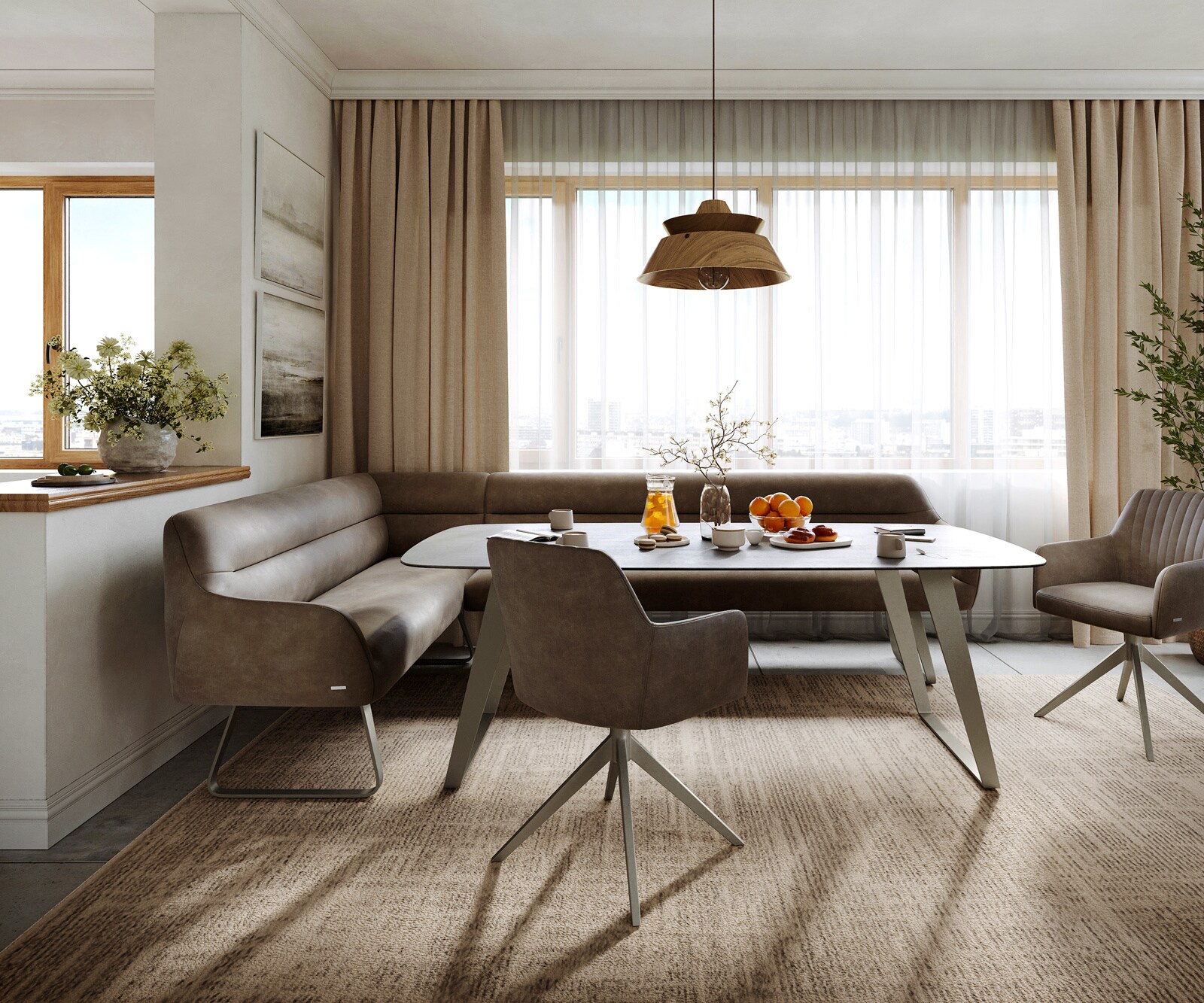 Esszimmerbank Taya-Flex 285x190 cm Mikrofaser Taupe Vintage Kufengestell flach Effektfinish Titan Taschenfederkern Rechts 1