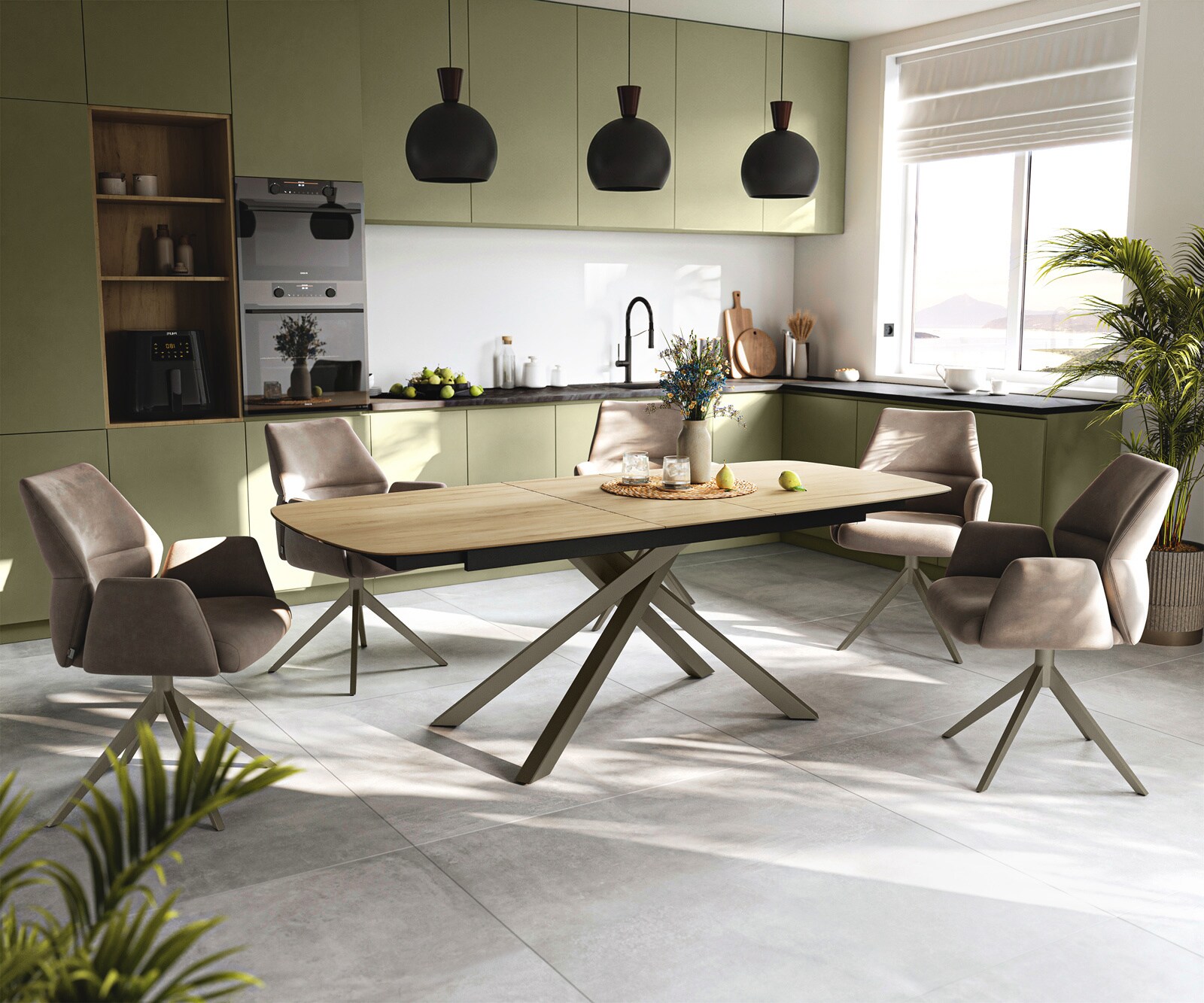 Esstisch Edge Boot 180-220x100 cm Keramik Laminam® Sabbia Eichefarbig Kreuzgestell Rechteck Effektfinish Titan ausziehbar 6