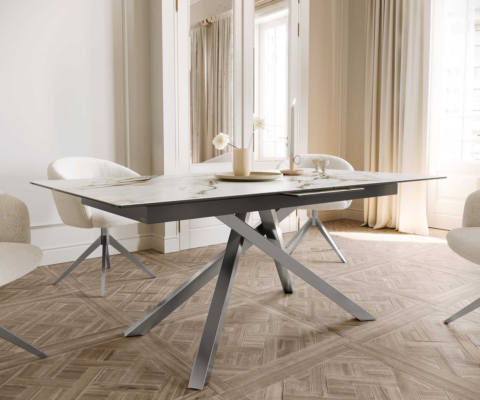 Esstisch Edge 180-220x100 Keramik Calacatta Luxe Weiß-Gold-Grau Kreuzgestell Rechteck Edelstahl ausziehbar 6 Esstisch Edge 180-220x100 Keramik Calacatta Luxe Weiß-Gold-Grau Kreuzgestell Rechteck Edelstahl ausziehbar 6