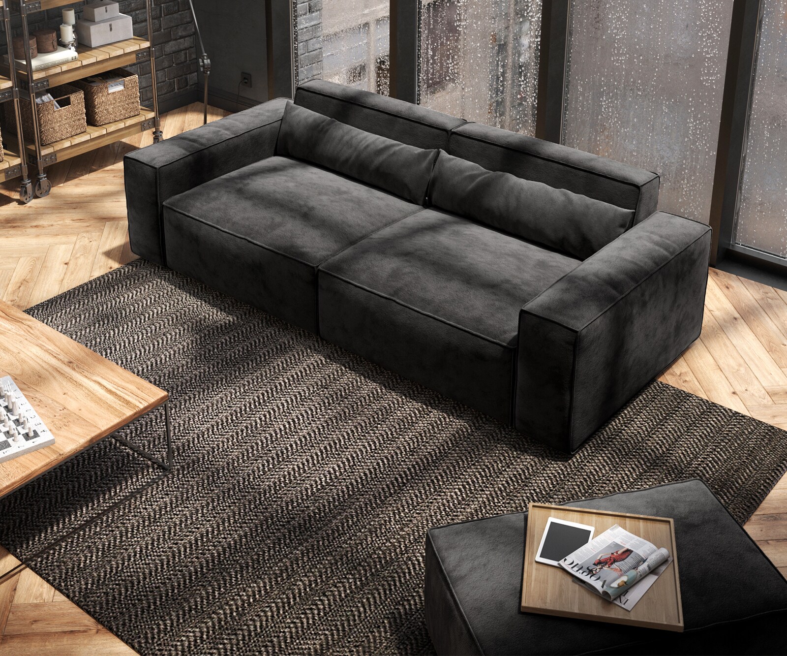 Big-Sofa Sirpio 230x95 cm Mikrofaser Schwarz mit Hocker 3