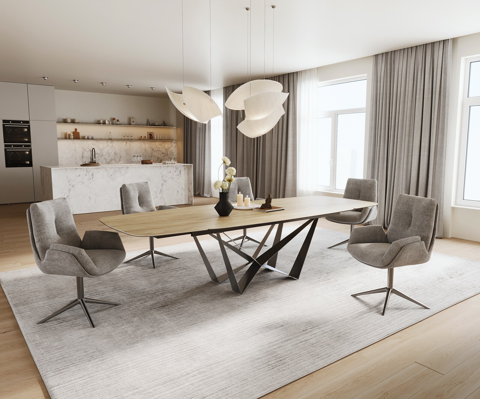 Esstisch Edge Boot 200-300x120 cm Keramik Laminam® Sabbia Eichefarbig Spider Flachstahl Edelstahl Graphit ausziehbar 7