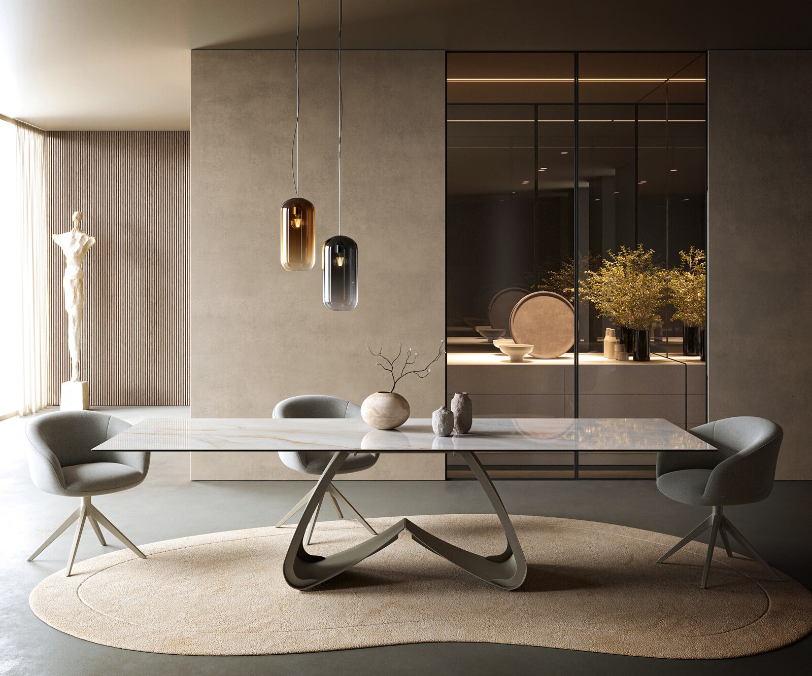 Esstisch Edge 300x100 cm Keramik Onyx Pearl W-Gestell Metall Effektfinish Titan 2