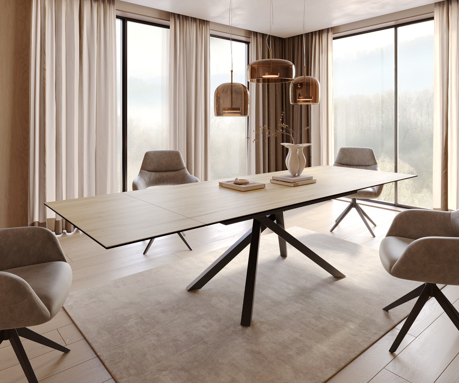 Esstisch Edge 200-300x100 Keramik Laminam® Sabbia Eichefarbig Kreuzgestell Rechteck Schwarz ausziehbar 5