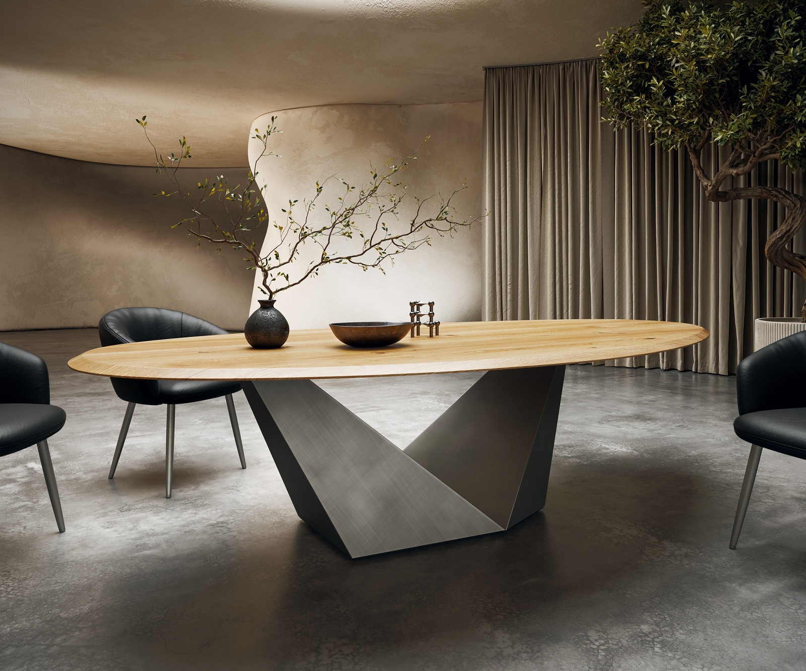 Esstisch Edge Oval 280x130x2,5 Eiche Natur Prisma Metallic Silber Flow-Edge Esstisch Edge Oval 280x130x2,5 Eiche Natur Prisma Metallic Silber Flow-Edge