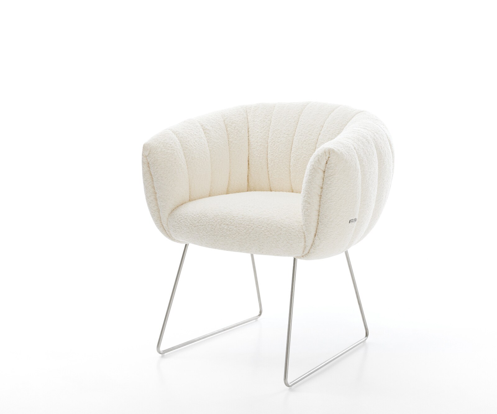 Esszimmerstuhl Jada-Flex Bouclé Weiß Kufengestell Edelstahl Taschenfederkern