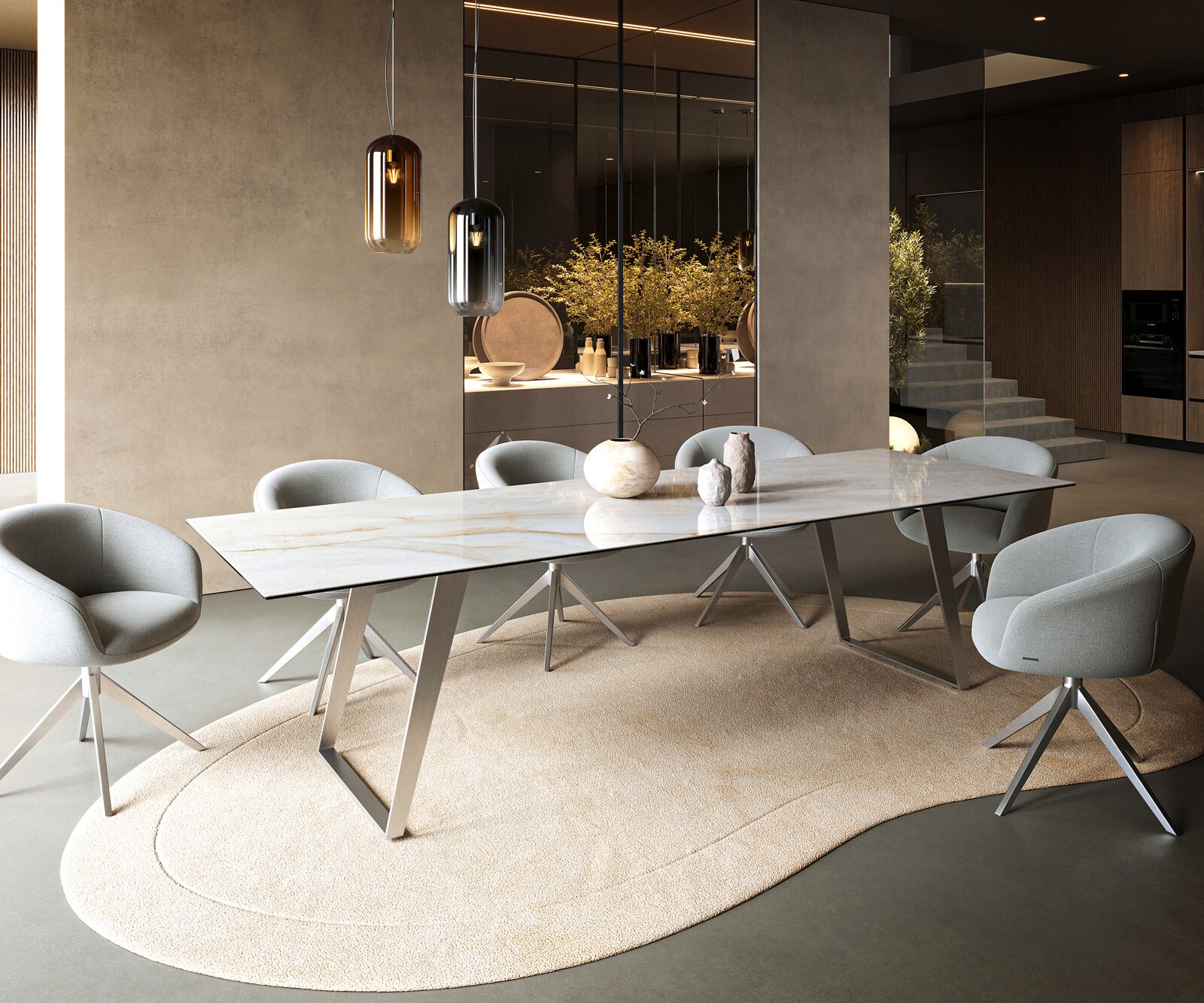 Esstisch Edge 300x100 cm Keramik Onyx Pearl Edelstahl Schräg 6