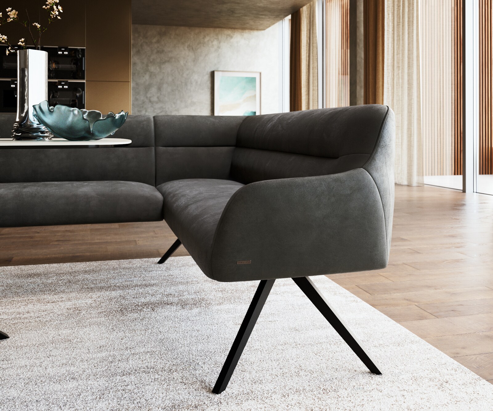 Esszimmerbank Taya-Flex 285x190 cm Mikrofaser Anthrazit Vintage Kreuzgestell kantig Schwarz Taschenfederkern Links 5