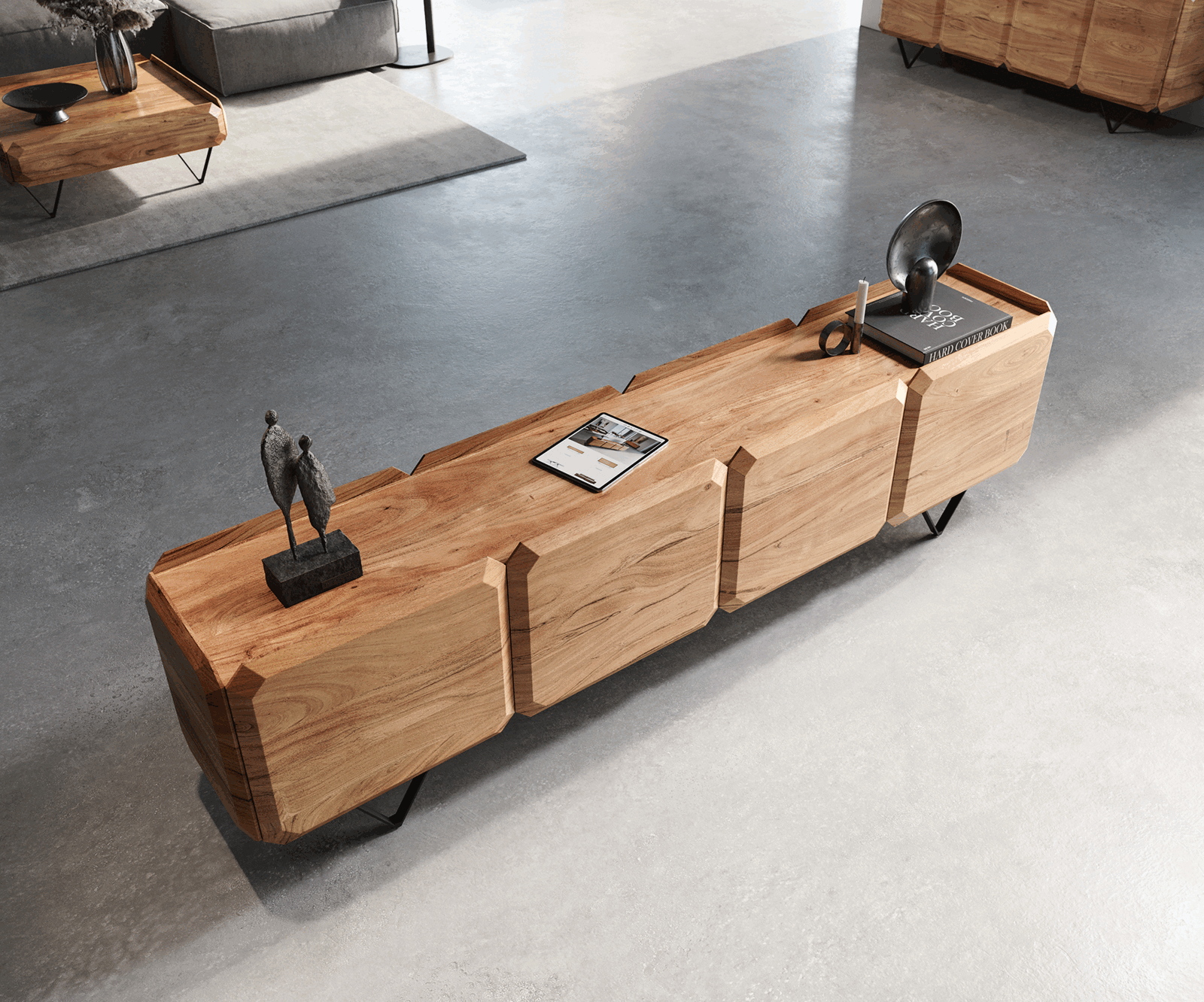 Lowboard Kiano 220 cm Akazie Natur 4 Türen V-Fuß Schwarz Raumteiler 3