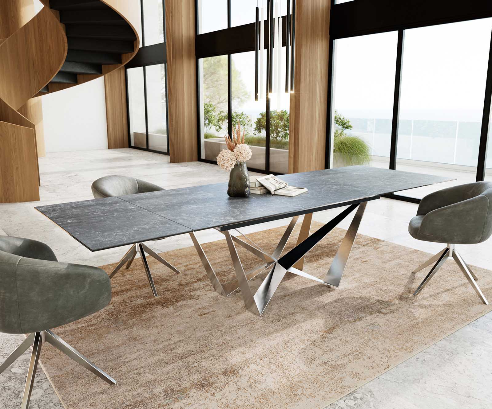 Esstisch Edge 200-300x100 Keramik Laminam®Nero Greco Anthrazit Spider Flachstahl Edelstahl ausziehbar 5