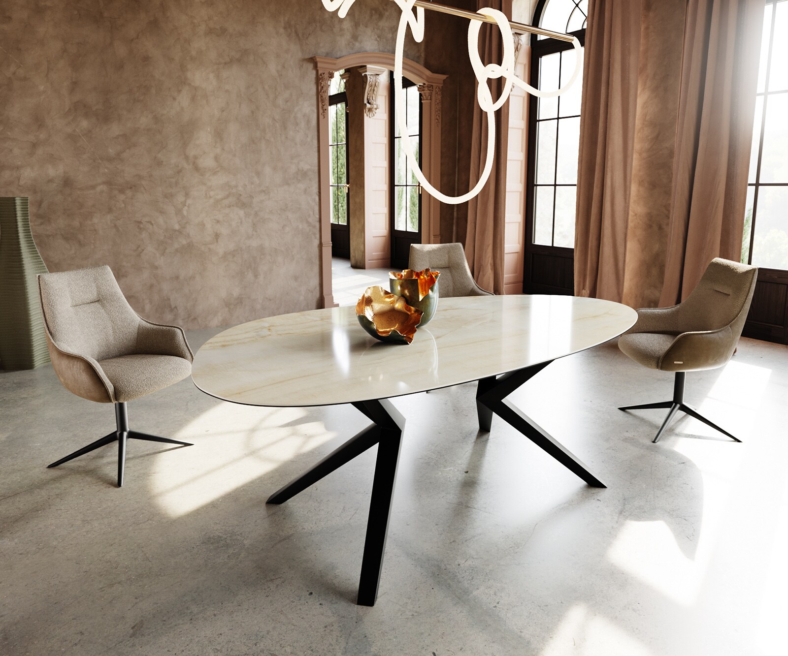 DELIFE Esstisch Edge Oval 220x120 Keramik Iris FMG Onice Oro Zenthara kantig Metall Schwarz