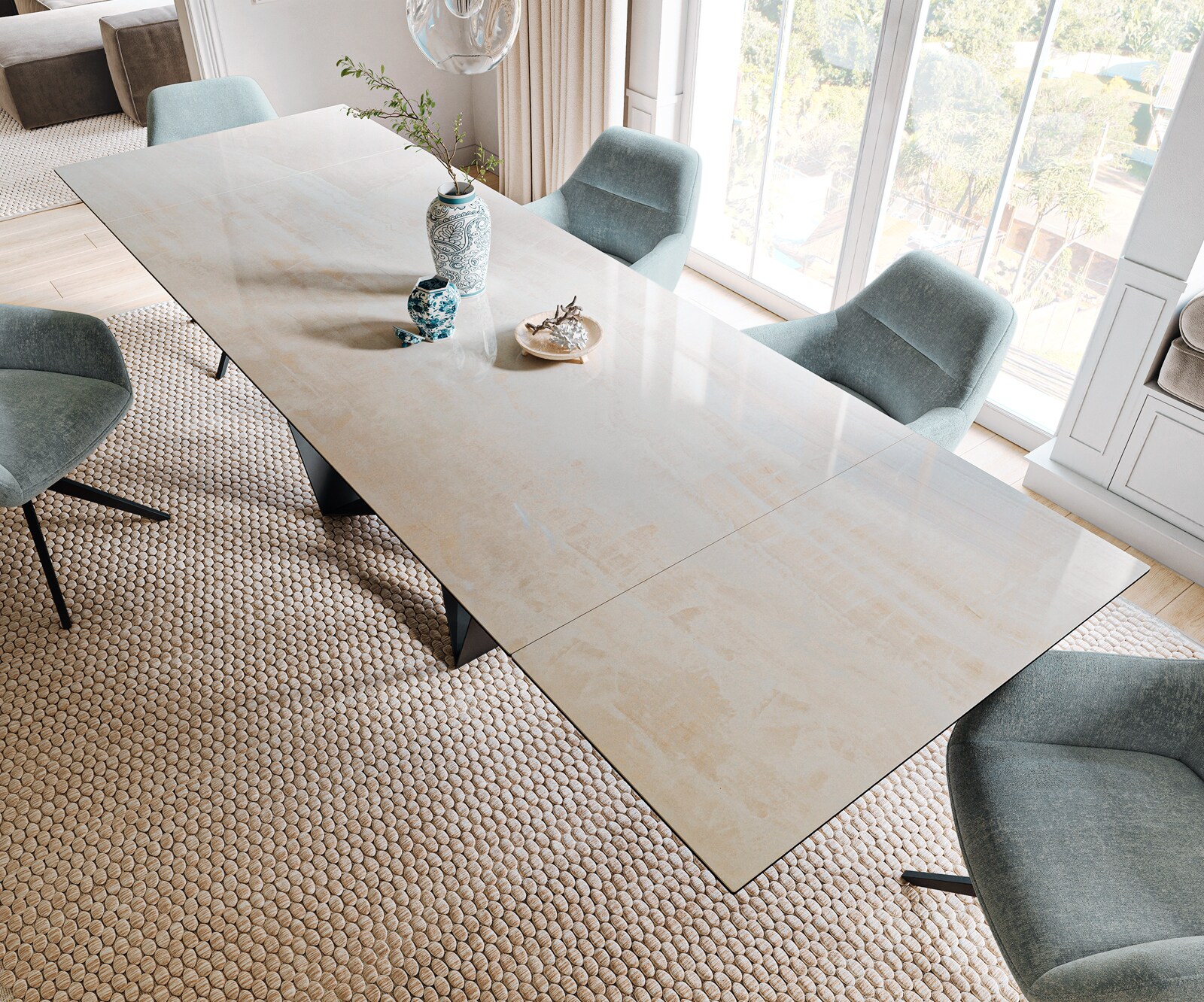 Esstisch Edge 200-300x100 cm Keramik Onyx Champagne Spider Flachstahl Schwarz ausziehbar 4