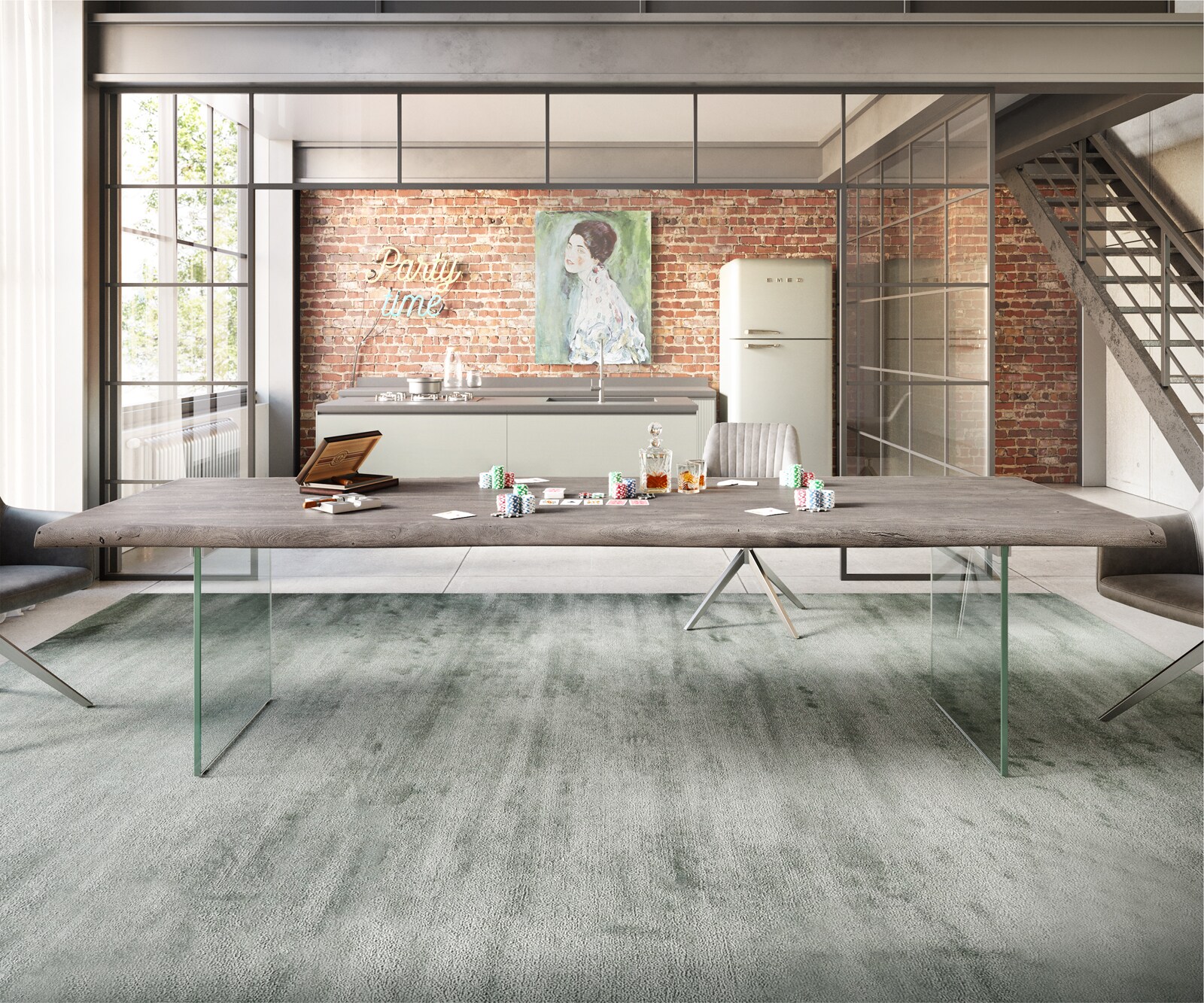 Esstisch Edge 300x100 XL Akazie Platin Glas Live-Edge 5