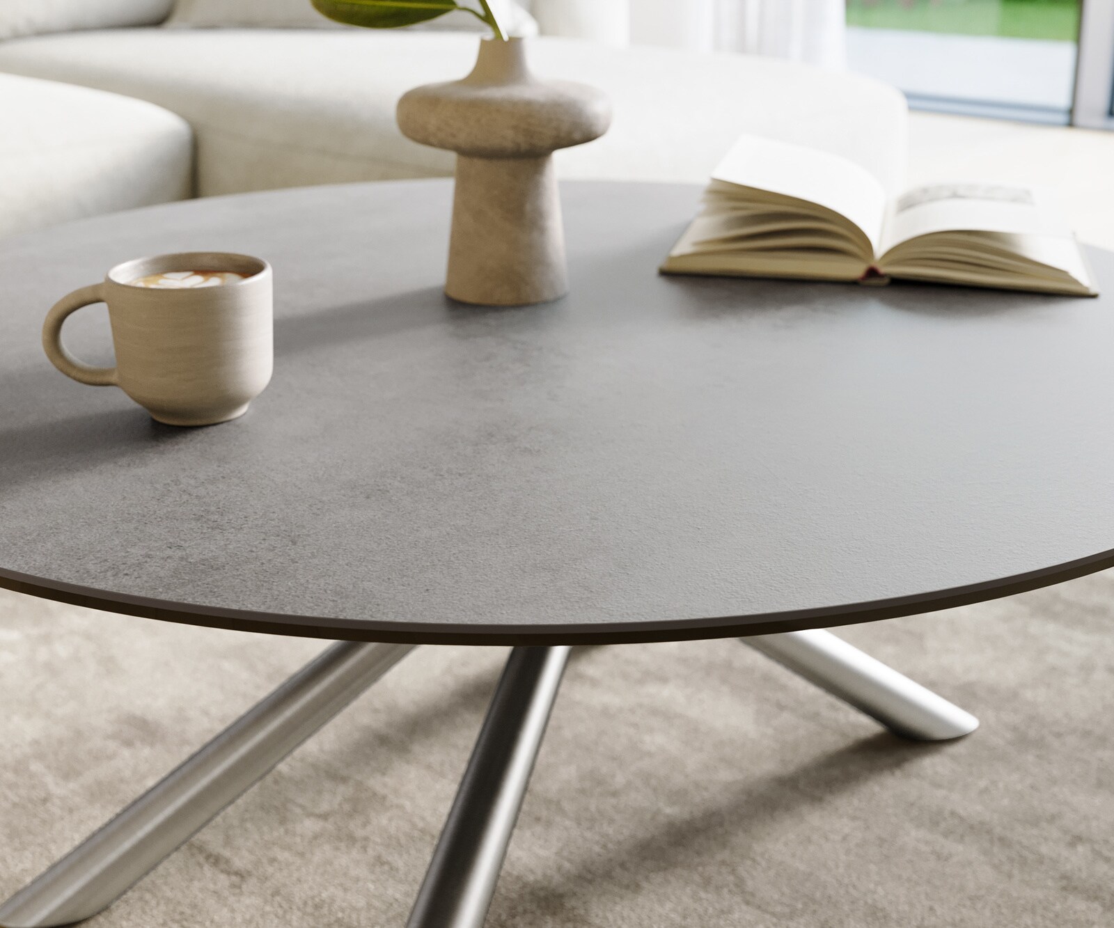 Couchtisch Edge Rund 100x100 cm Keramik Beton Grau Sarity Edelstahl gebürstet 5