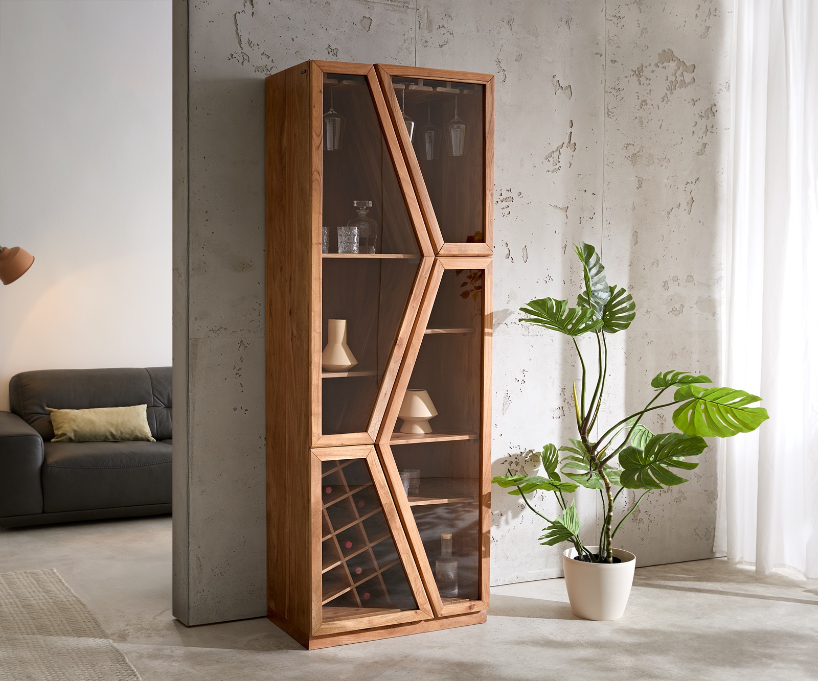 Vitrine Taza 75x210 cm Akazie Natur 4 Türen Barschrank Vitrine Taza 75x210 cm Akazie Natur 4 Türen Barschrank