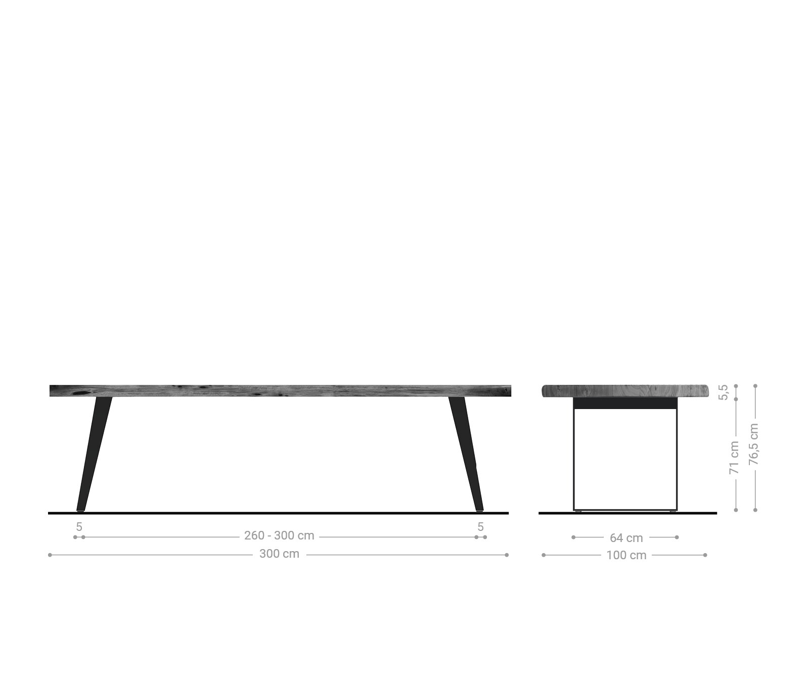 Esstisch Edge 300x100cm XL Akazie Braun Edelstahl Silber schräg Live-Edge 5