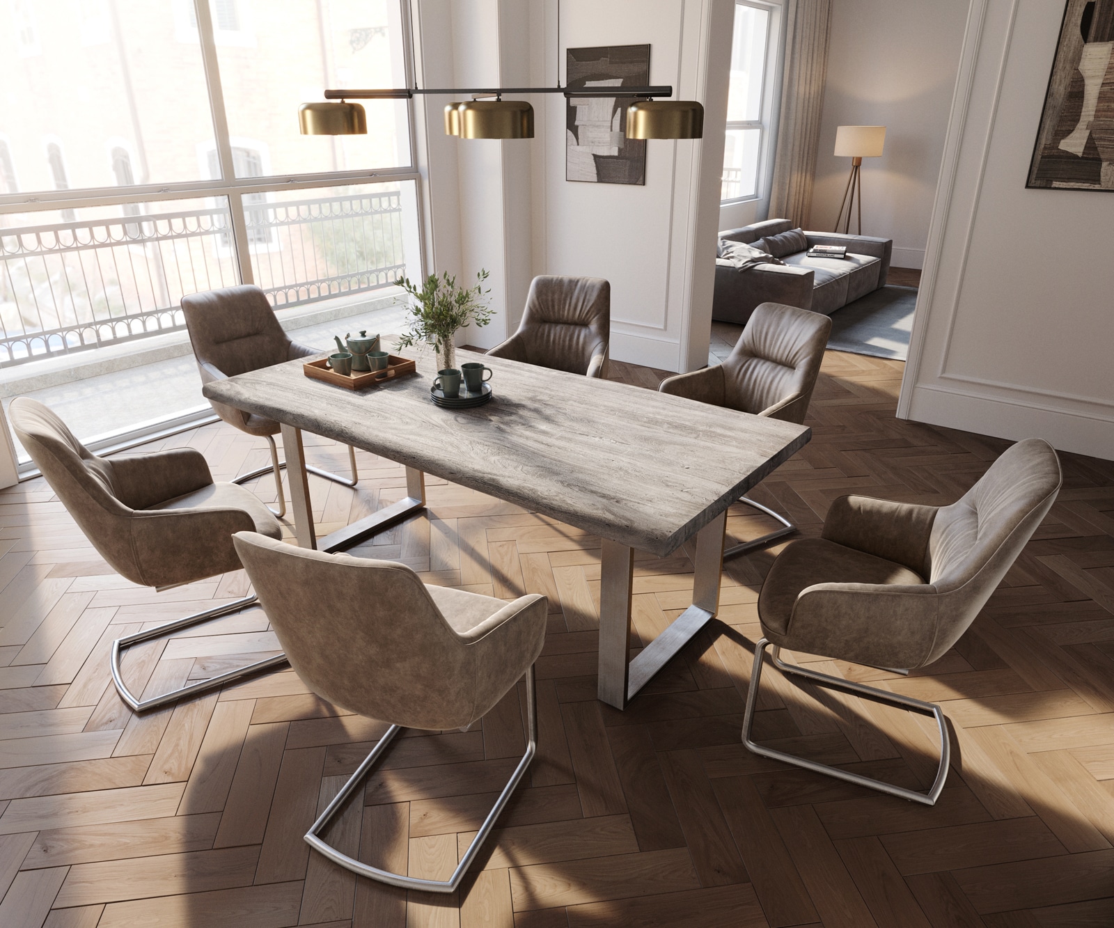 Freischwinger Zelia-Flex mit Armlehnen Mikrofaser Taupe Vintage Freischwinger rund Edelstahl Taschenfederkern 4 Freischwinger Zelia-Flex mit Armlehnen Mikrofaser Taupe Vintage Freischwinger rund Edelstahl Taschenfederkern 4