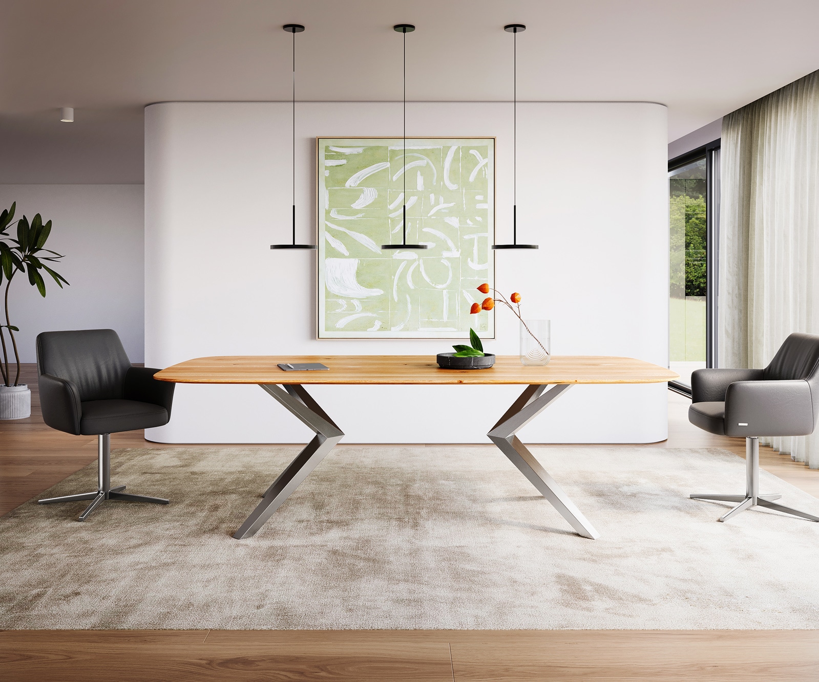 Esstisch Edge Boot 240x120x2,5-3 Eiche Natur Zenthara kantig Edelstahl Schweizer Kante Esstisch Edge Boot 240x120x2,5-3 Eiche Natur Zenthara kantig Edelstahl Schweizer Kante