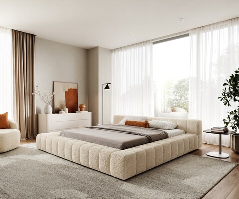 Polsterbettgestell Espazio 180x200 cm Teddystoff Beige mit Stauraum
