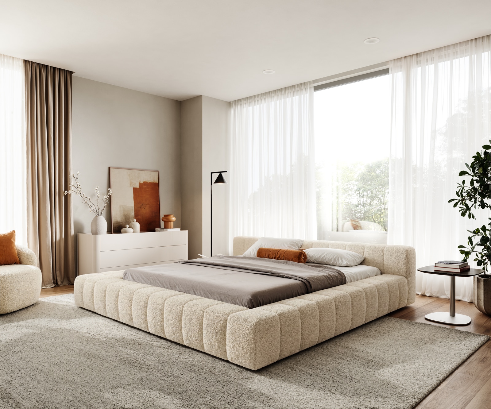 Polsterbettgestell Espazio 180x200 cm Teddystoff Beige mit Stauraum