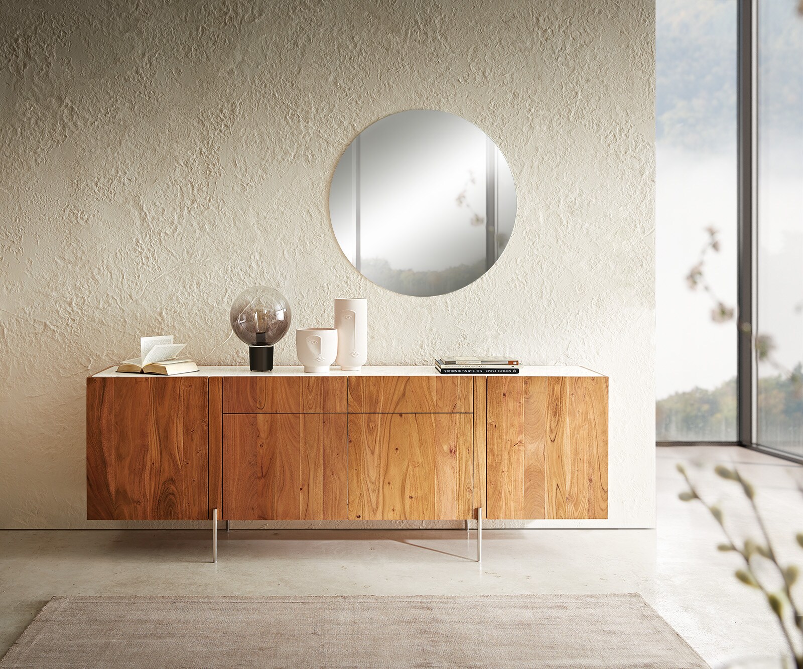 Sideboard Secara 200 cm Akazie Natur 4 Türen 2 Schübe Marmor Füße Edelstahl 1