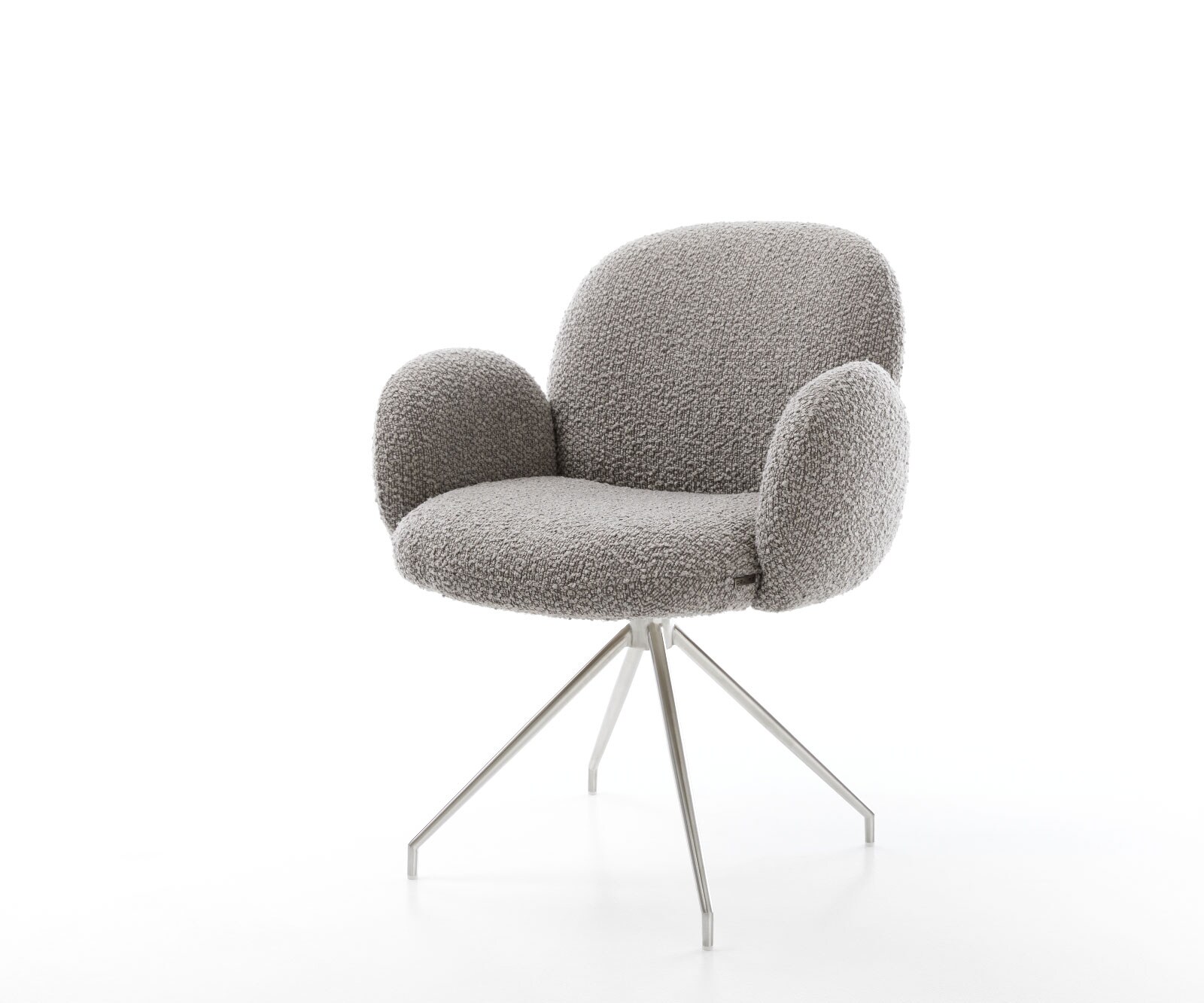 Drehstuhl Nube-Flex mit Armlehnen Bouclé Silbergrau Kreuzgestell konisch Edelstahl 180° drehbar Taschenfederkern