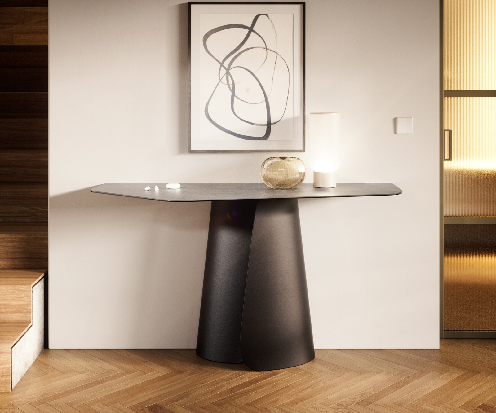 Konsolentisch Edge Polygonal 140x50 cm Keramik Beton Grau Spios Metall Schwarz 1