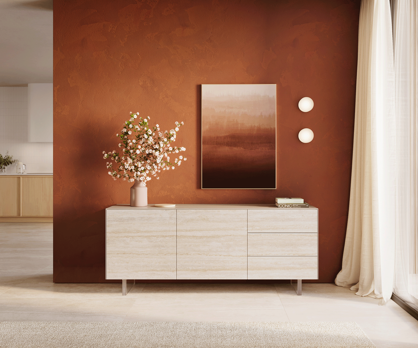 Sideboard Cuor 180 cm Keramik Laminam® Travertino Bianco Creme-Weiß 2 Türen 3 Schubfächer Fuß Schwebeoptik Acrylglas 1
