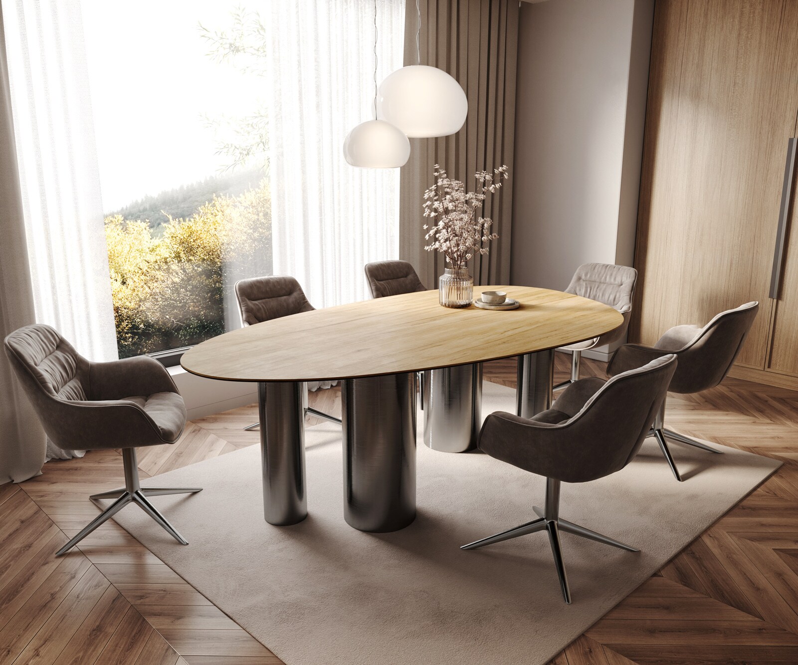 Esstisch Edge Oval 220x120 Keramik Laminam® Sabbia Eichefarbig Pilier Edelstahl Graphit 7