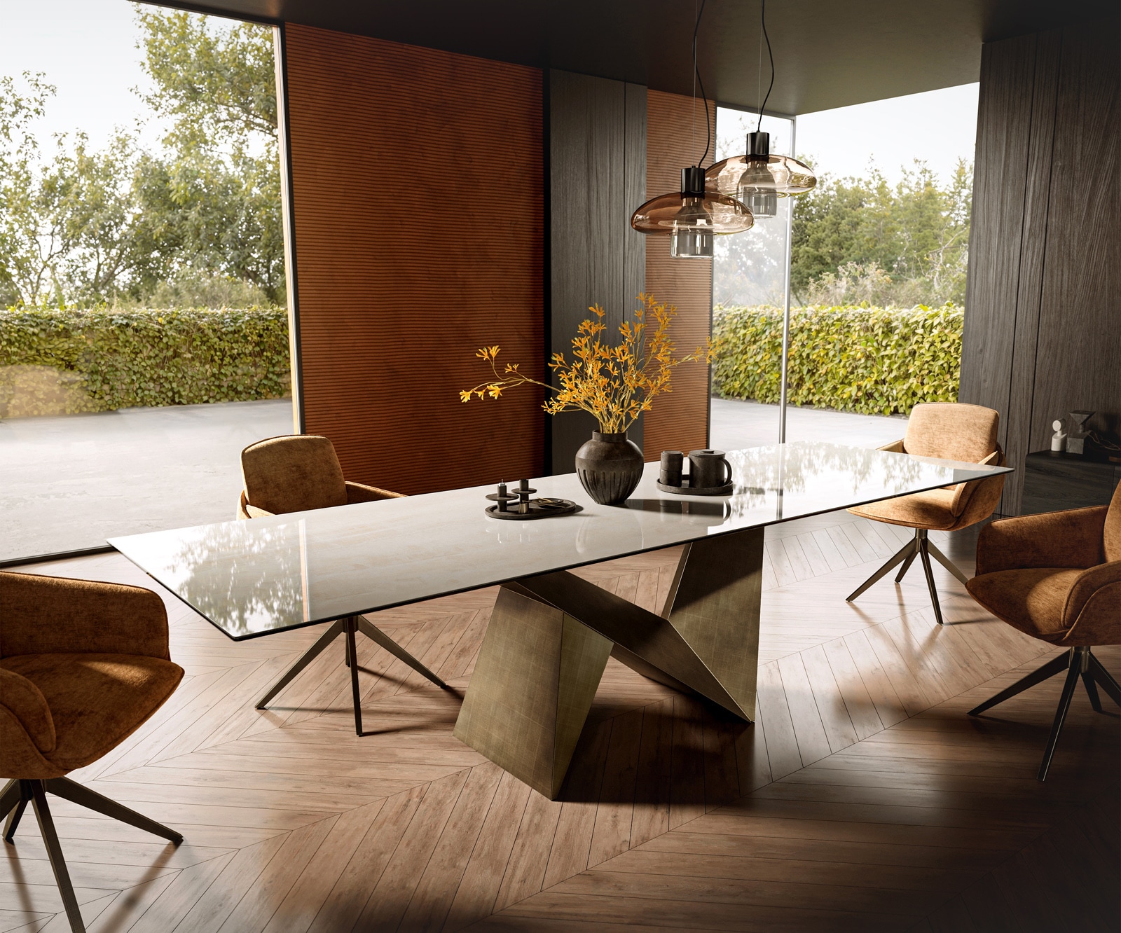Esstisch Edge 300x100 cm Keramik Onyx Champagne Origami Metallic Gold