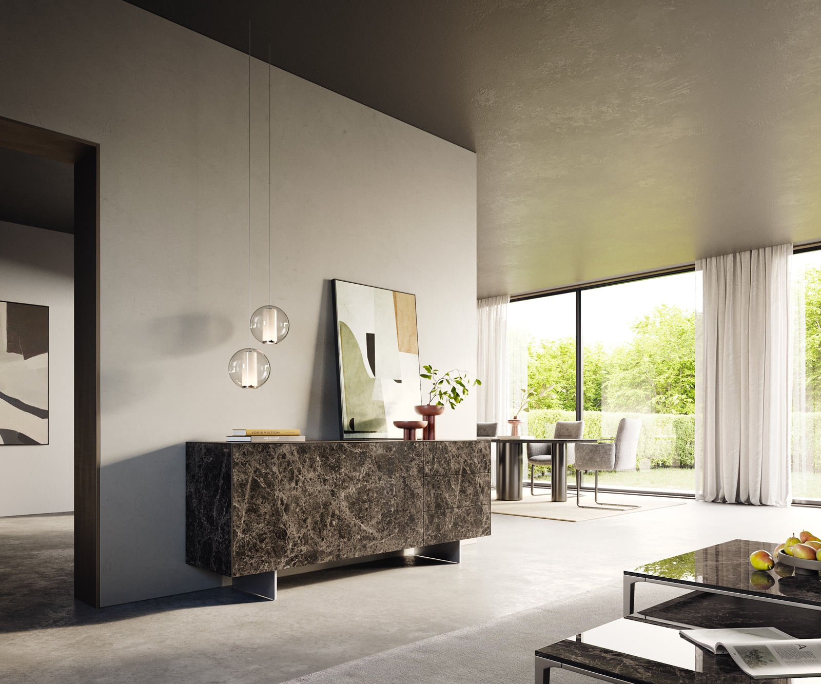 Sideboard Cuor 180 cm Keramik Emperador Extra Lucidato Dunkelbraun 2 Türen 3 Schubfächer Fuß Schwebeoptik Edelstahl 7