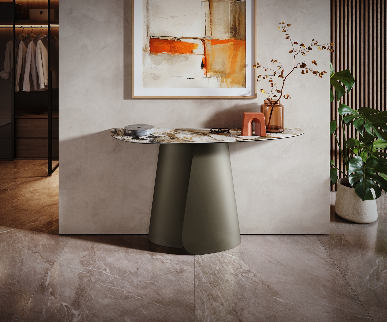Konsolentisch Edge Oval 140x40 cm Keramik Patagonia Poliert Livos Metall Effektfinish Titan 3