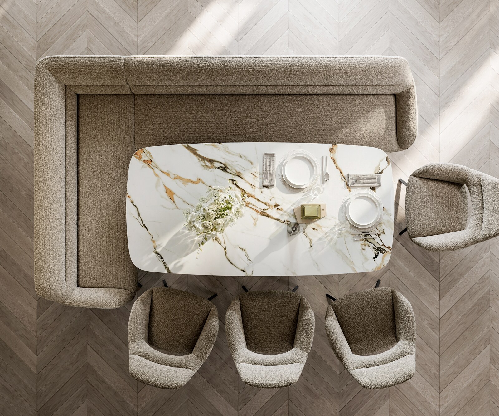 Esszimmerbank Taya-Flex 285x190 cm Bouclé Schlamm Kreuzgestell kantig Schwarz Taschenfederkern Rechts 6