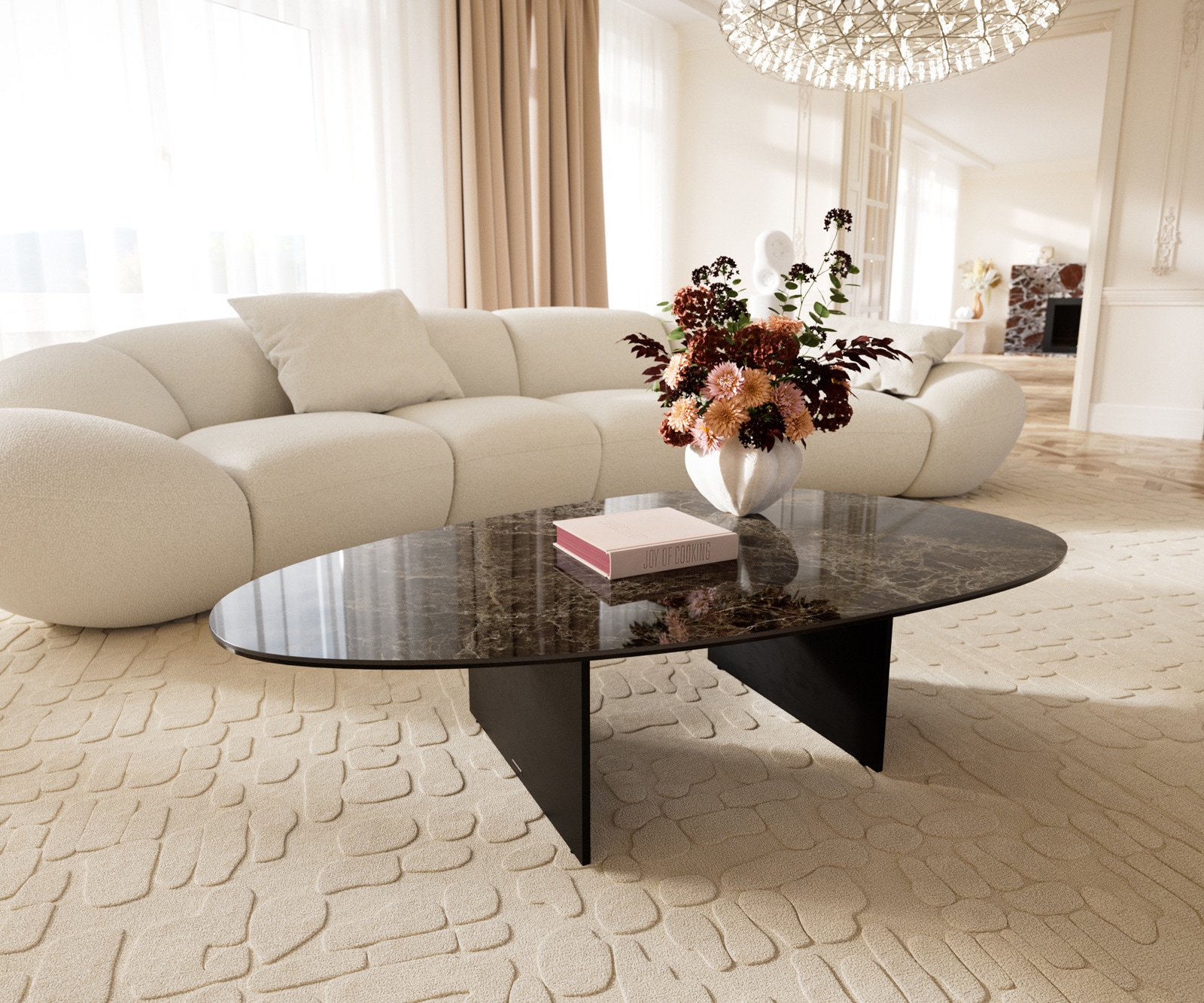 Couchtisch Edge Oval 140x75 cm Keramik Emperador Extra Lucidato Dunkelbraun Salto Metall Schwarz