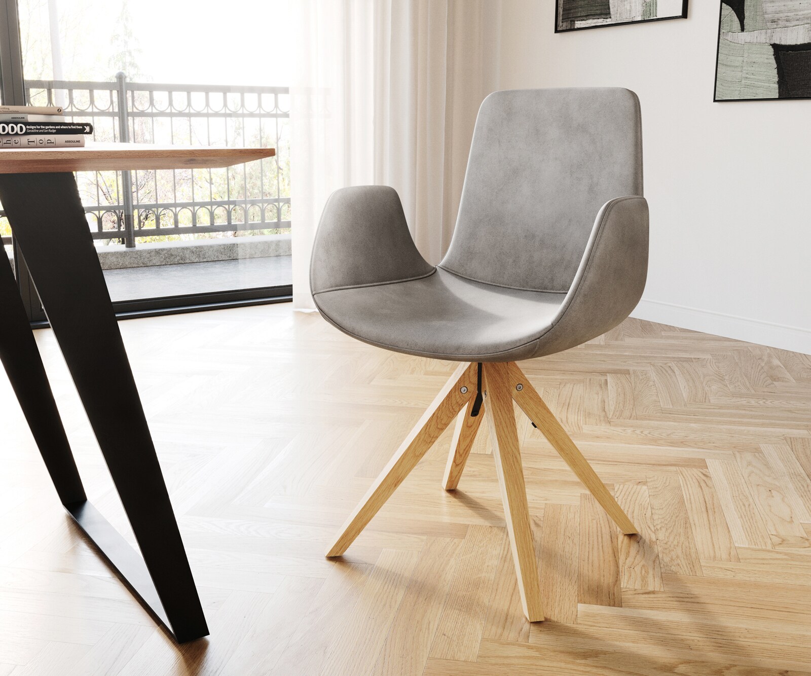 Esszimmerstuhl Ilia-Flex mit Armlehnen Samt Grau Holzgestell konisch Natur günstig online kaufen