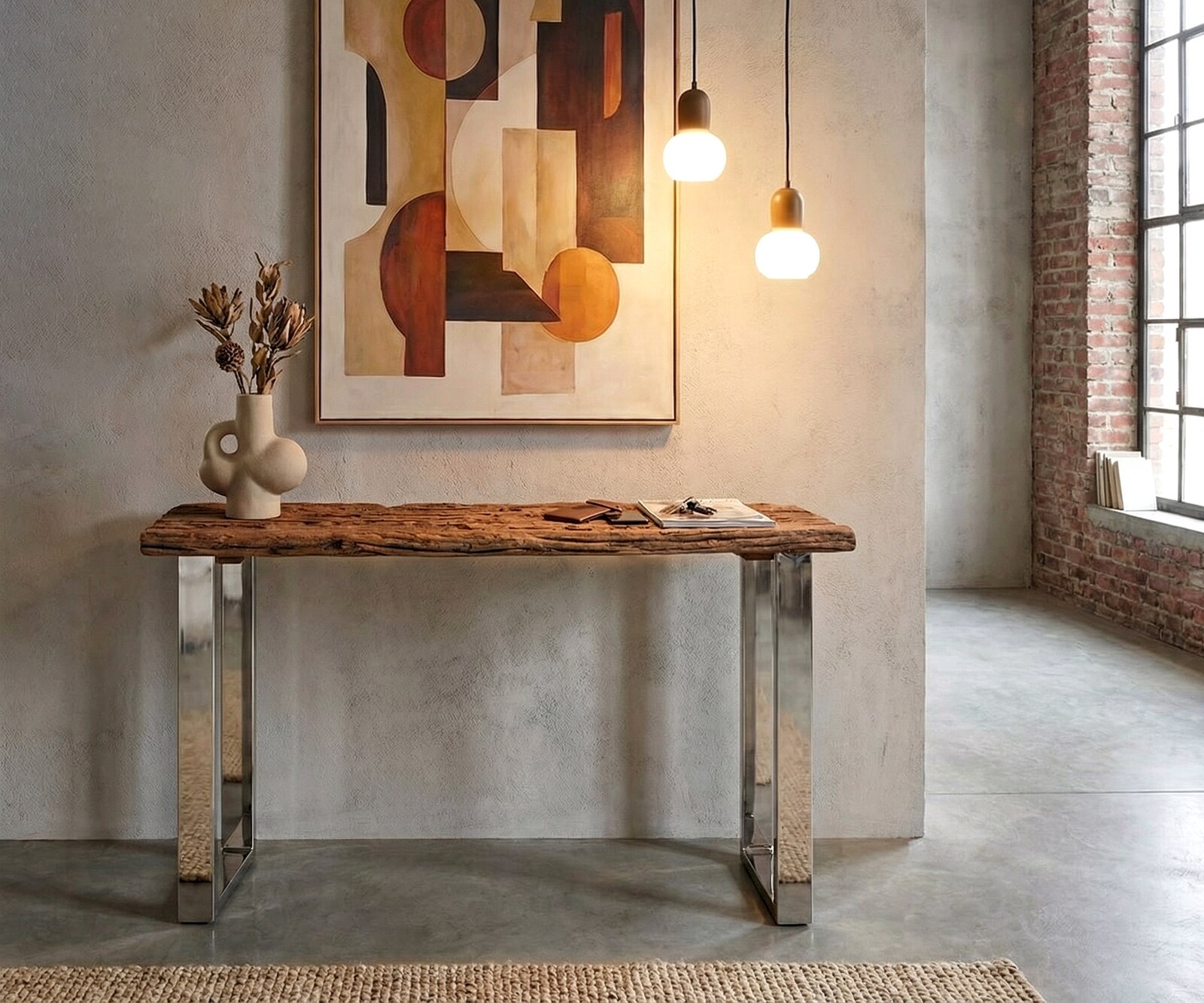 Konsole Gravio 140x40 Altholz Braun Gestell Edelstahl poliert 1