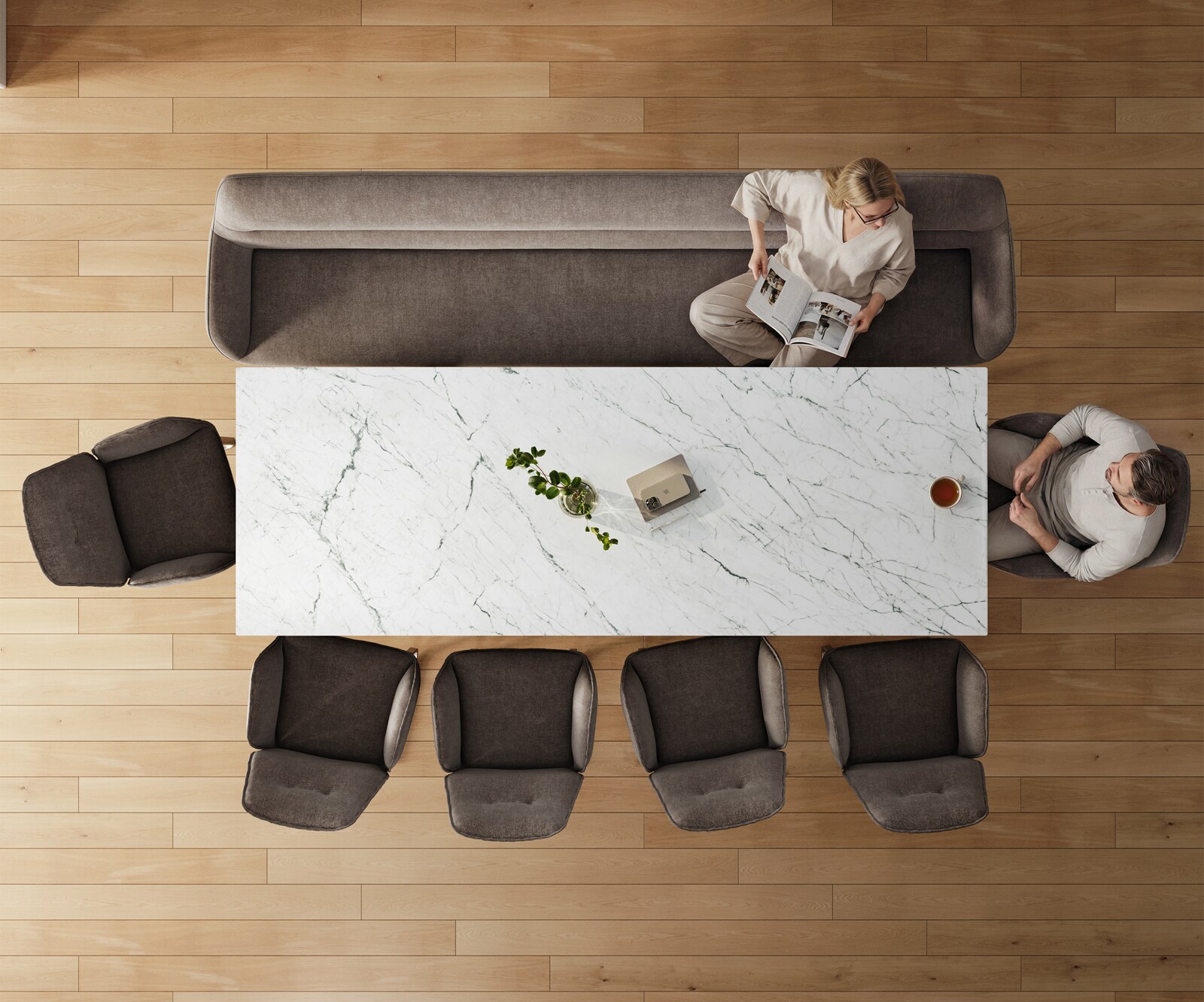 Esszimmerbank Taya-Flex 300 cm Strukturstoff Soft Taupe Kufengestell kantig Edelstahl Taschenfederkern 6