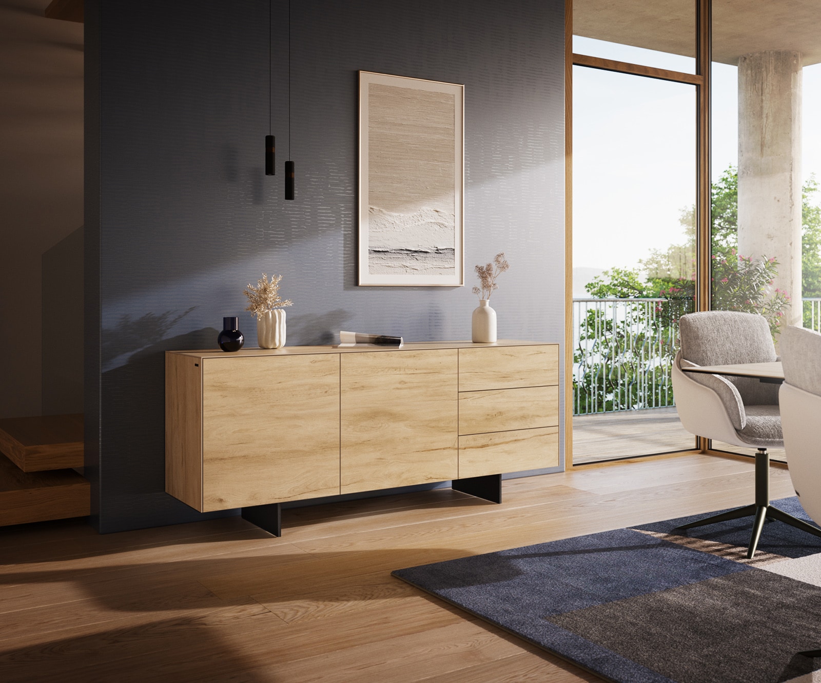 Sideboard Cuor 180 cm Keramik Laminam® Sabbia Eichefarbig 2 Türen 3 Schubfächer Fuß Schwebeoptik Metall Schwarz 1